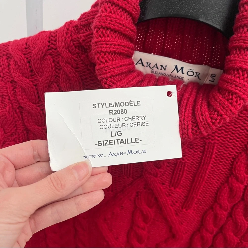Aran Mor 100% merino wool traditional turtleneck sweater L cherry red NWT - Picture 5 of 10